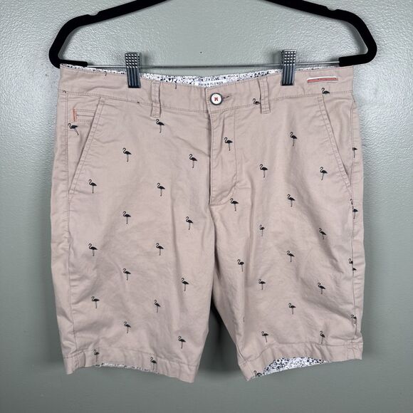 Denim & Flower Ricky Singh Shorts Mens 32 Tan Blue Flamingo‎ Contrast Cuff Beach - Picture 1 of 9